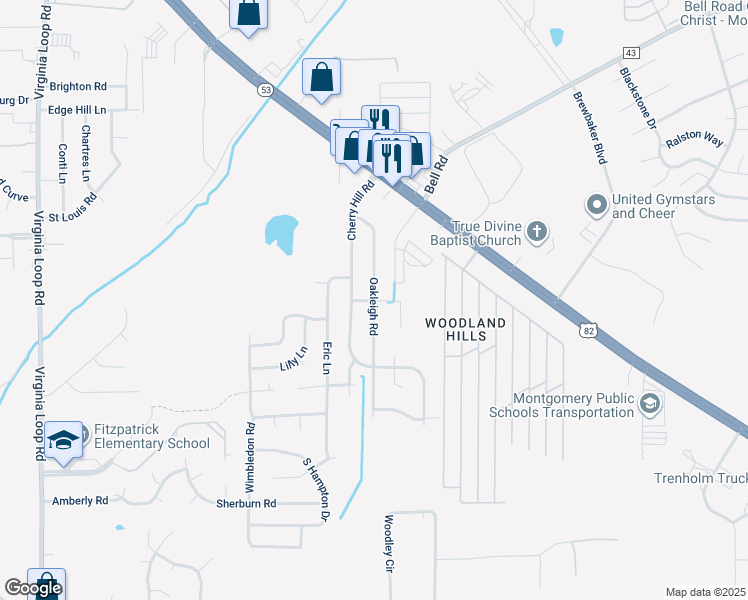 map of restaurants, bars, coffee shops, grocery stores, and more near 5998 Oakleigh Road in Montgomery