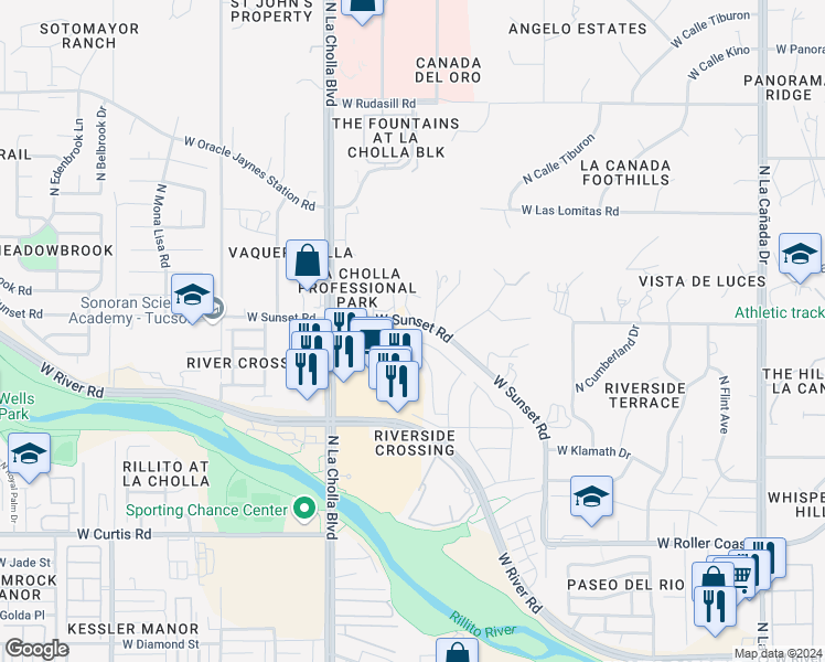 map of restaurants, bars, coffee shops, grocery stores, and more near 5589 North Little River Lane in Tucson