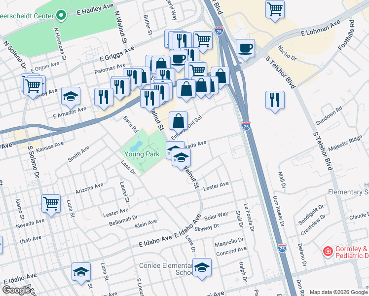 map of restaurants, bars, coffee shops, grocery stores, and more near 2220 Entrada Del Sol in Las Cruces