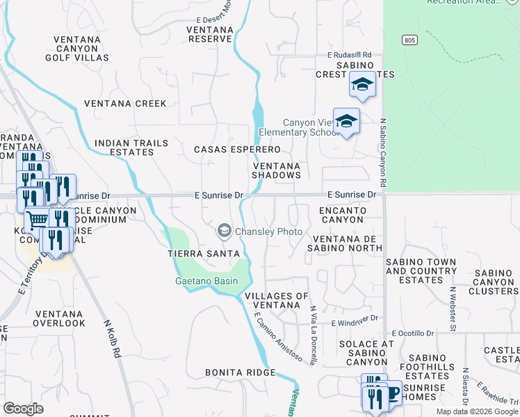 map of restaurants, bars, coffee shops, grocery stores, and more near 7518 East Placita De La Poesia in Tucson