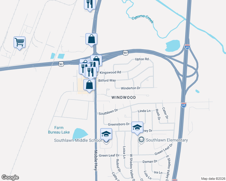 map of restaurants, bars, coffee shops, grocery stores, and more near 214 Winderton Drive in Montgomery
