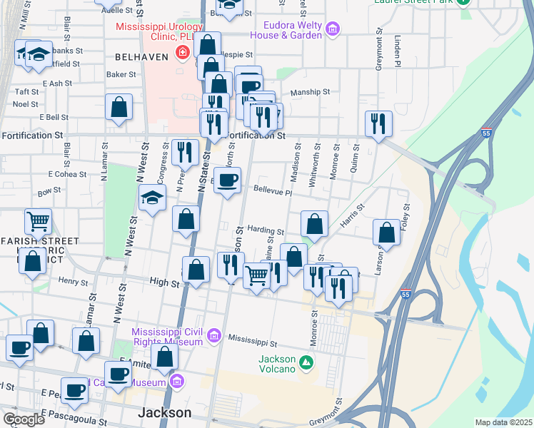 map of restaurants, bars, coffee shops, grocery stores, and more near 850 North Jefferson Street in Jackson