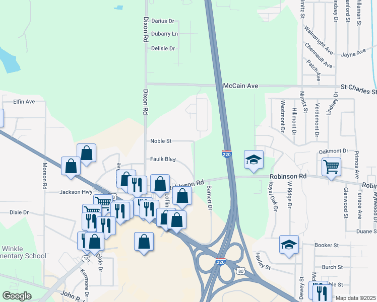 map of restaurants, bars, coffee shops, grocery stores, and more near 1107 Noble Street in Jackson