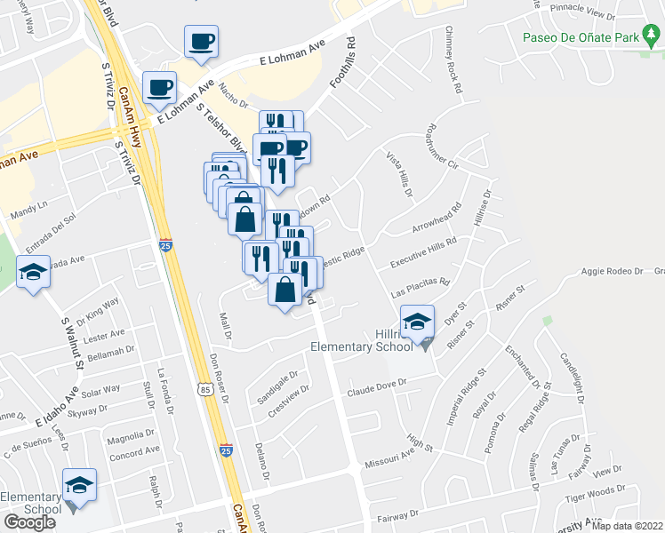 map of restaurants, bars, coffee shops, grocery stores, and more near 2914 Majestic Ridge in Las Cruces