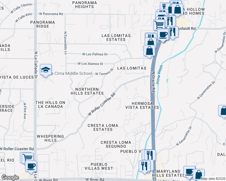 map of restaurants, bars, coffee shops, grocery stores, and more near 835 West Roller Coaster Road in Tucson