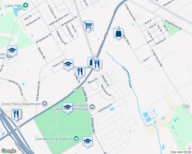 map of restaurants, bars, coffee shops, grocery stores, and more near 902 Biloxi Drive in Ennis