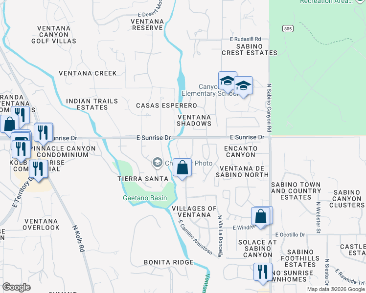 map of restaurants, bars, coffee shops, grocery stores, and more near 7518 East Placita De La Poesia in Tucson