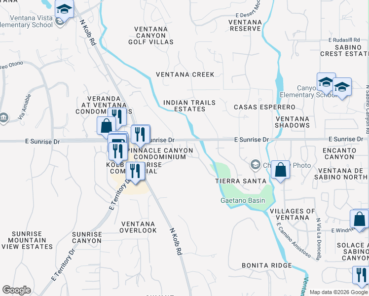 map of restaurants, bars, coffee shops, grocery stores, and more near 5589 North Mica Mountain Drive in Tucson