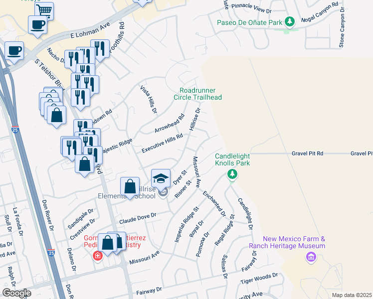 map of restaurants, bars, coffee shops, grocery stores, and more near 3140 Hillrise Drive in Las Cruces