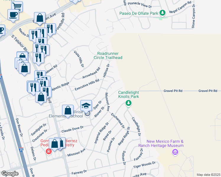 map of restaurants, bars, coffee shops, grocery stores, and more near 3236 Missouri Avenue in Las Cruces