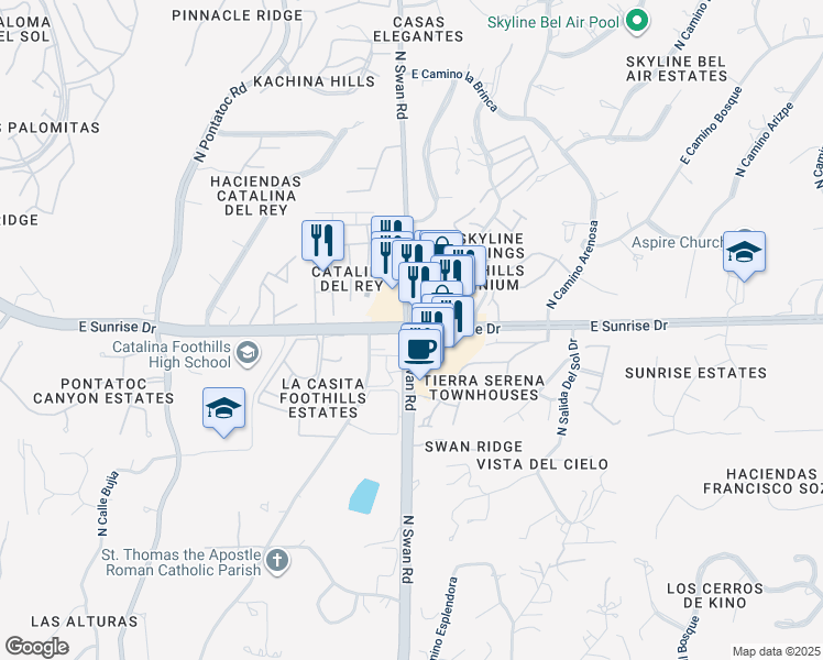 map of restaurants, bars, coffee shops, grocery stores, and more near North Swan Road & East Sunrise Drive in Tucson