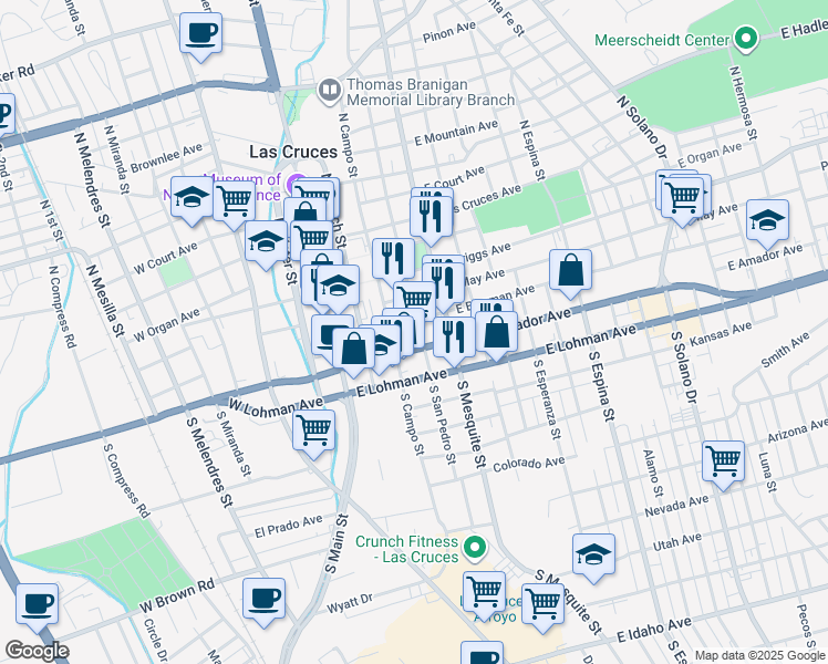 map of restaurants, bars, coffee shops, grocery stores, and more near 320 South San Pedro Street in Las Cruces