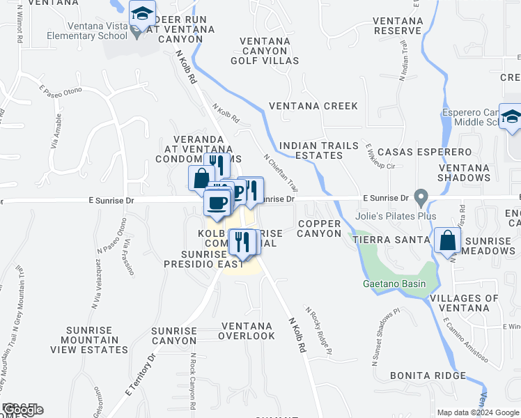 map of restaurants, bars, coffee shops, grocery stores, and more near 6950 East Sunrise Drive in Tucson