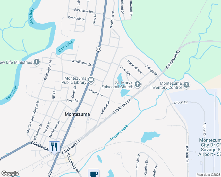 map of restaurants, bars, coffee shops, grocery stores, and more near 511 College Street in Montezuma