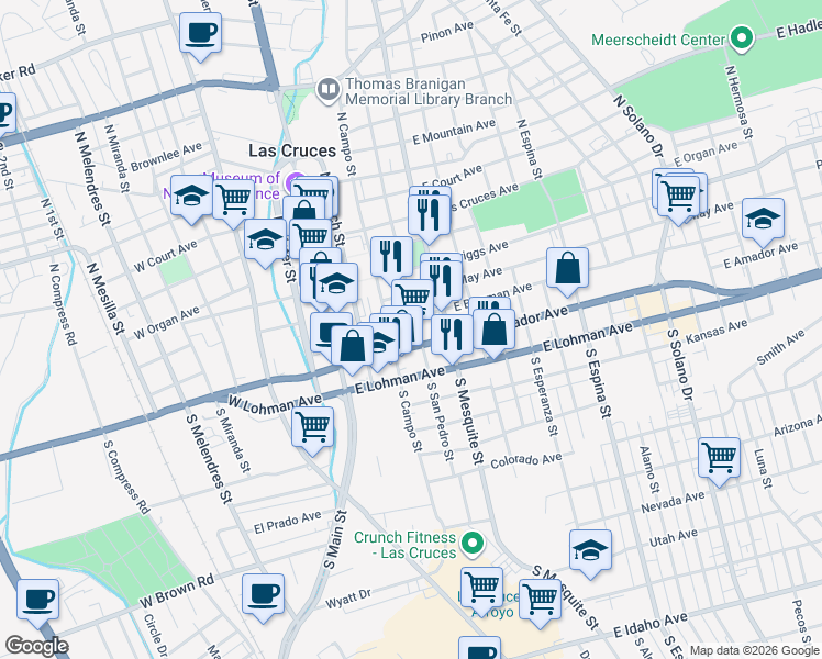 map of restaurants, bars, coffee shops, grocery stores, and more near 320 South San Pedro Street in Las Cruces