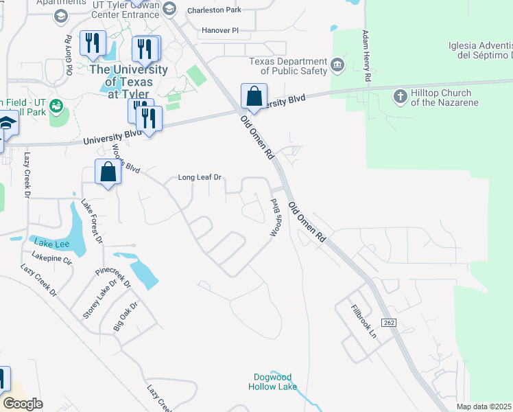 map of restaurants, bars, coffee shops, grocery stores, and more near 3861 Broadmoore Court in Tyler