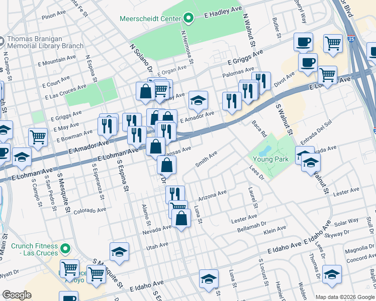 map of restaurants, bars, coffee shops, grocery stores, and more near 1520 Kansas Avenue in Las Cruces
