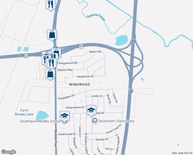 map of restaurants, bars, coffee shops, grocery stores, and more near 322 Winderton Drive in Montgomery