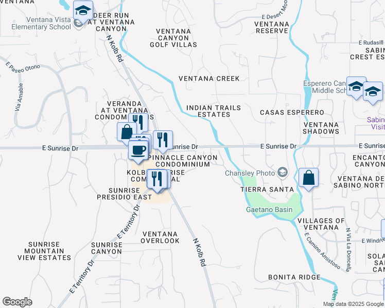 map of restaurants, bars, coffee shops, grocery stores, and more near 7050 East Sunrise Drive in Tucson
