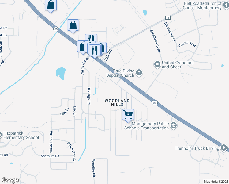 map of restaurants, bars, coffee shops, grocery stores, and more near 5040 Jack Pine Drive in Montgomery