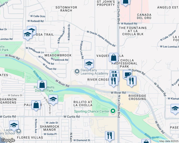 map of restaurants, bars, coffee shops, grocery stores, and more near 2325 West Sunset Road in Tucson
