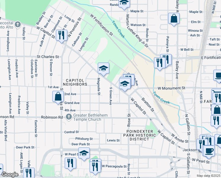 map of restaurants, bars, coffee shops, grocery stores, and more near 121 South Green Avenue in Jackson
