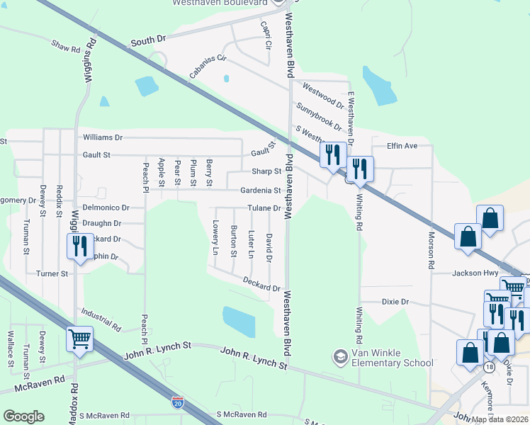 map of restaurants, bars, coffee shops, grocery stores, and more near 5021 Tulane Dr in Jackson