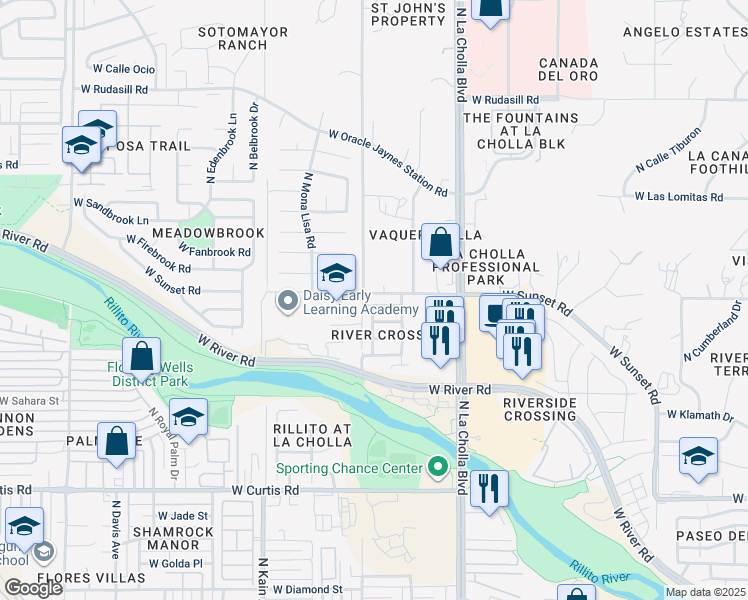 map of restaurants, bars, coffee shops, grocery stores, and more near 2282 West Morning Dream Lane in Tucson