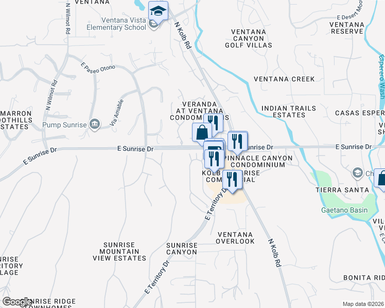 map of restaurants, bars, coffee shops, grocery stores, and more near 5450 North Vía Arancio in Tucson