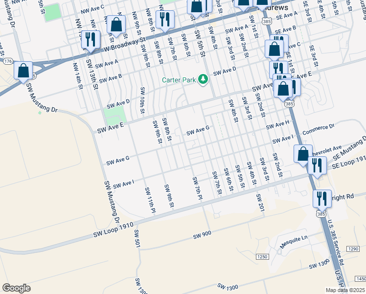 map of restaurants, bars, coffee shops, grocery stores, and more near 702 Southwest 7th Place in Andrews