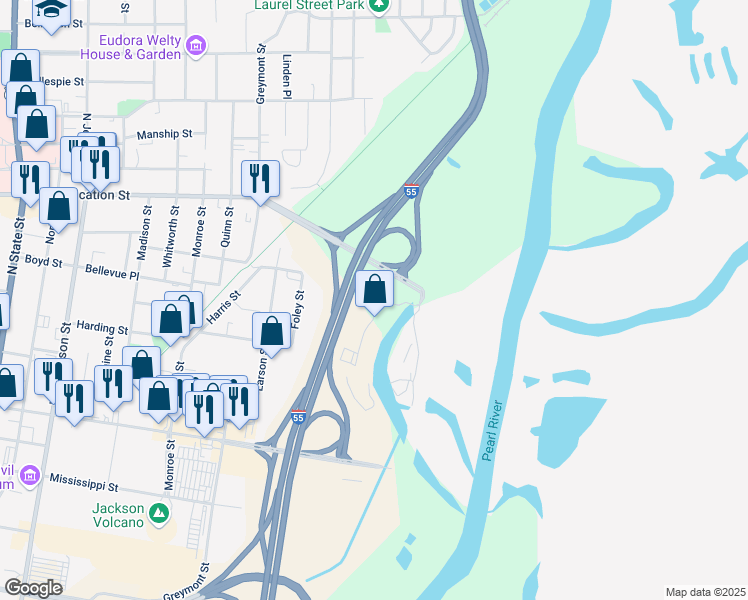 map of restaurants, bars, coffee shops, grocery stores, and more near 881 East River Place in Jackson