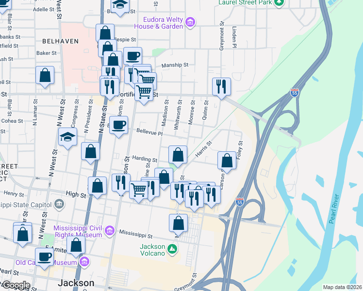 map of restaurants, bars, coffee shops, grocery stores, and more near 1123 Bellevue Place in Jackson