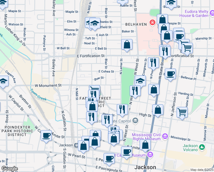 map of restaurants, bars, coffee shops, grocery stores, and more near 863 Dreyfus Street in Jackson