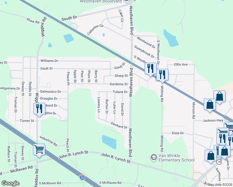 map of restaurants, bars, coffee shops, grocery stores, and more near 5021 Tulane Drive in Jackson