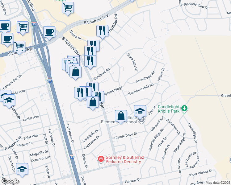 map of restaurants, bars, coffee shops, grocery stores, and more near 3000 1-13 Majestic Ridge in Las Cruces