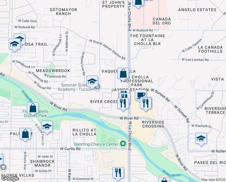 map of restaurants, bars, coffee shops, grocery stores, and more near 5596 North Morning Spring Avenue in Tucson
