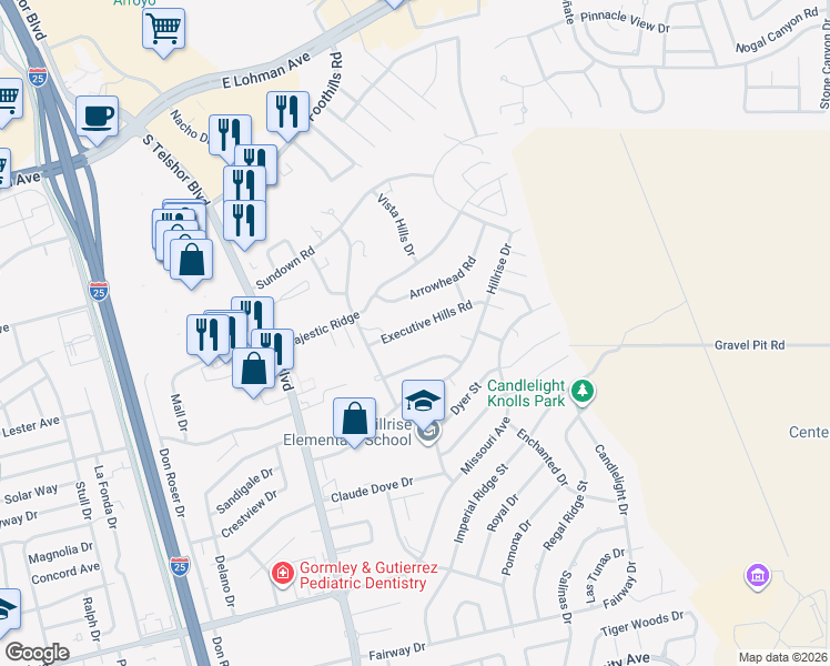 map of restaurants, bars, coffee shops, grocery stores, and more near 3120 Executive Hills Road in Las Cruces