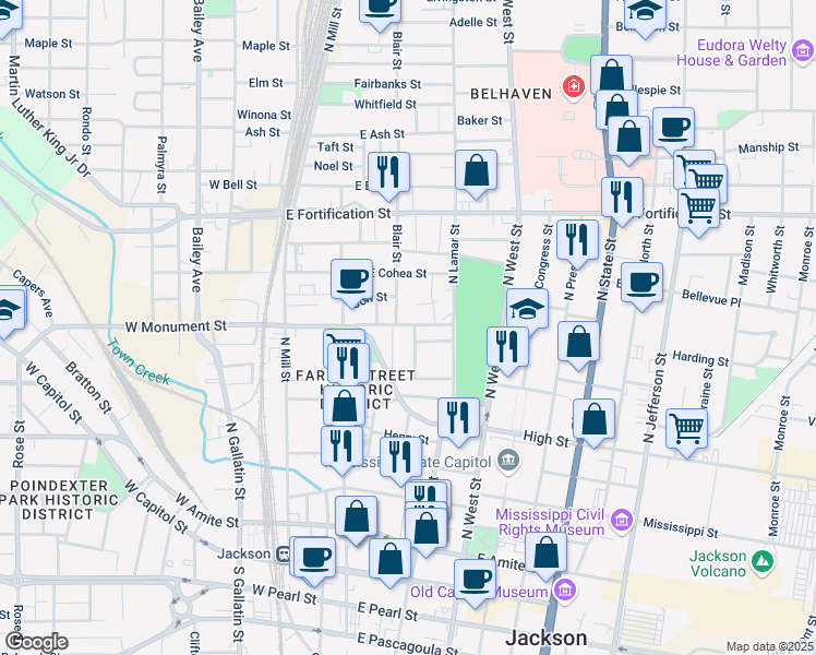 map of restaurants, bars, coffee shops, grocery stores, and more near 863 Dreyfus Street in Jackson