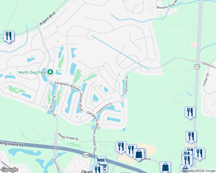 map of restaurants, bars, coffee shops, grocery stores, and more near 316 Havenview Lane in Bluffton