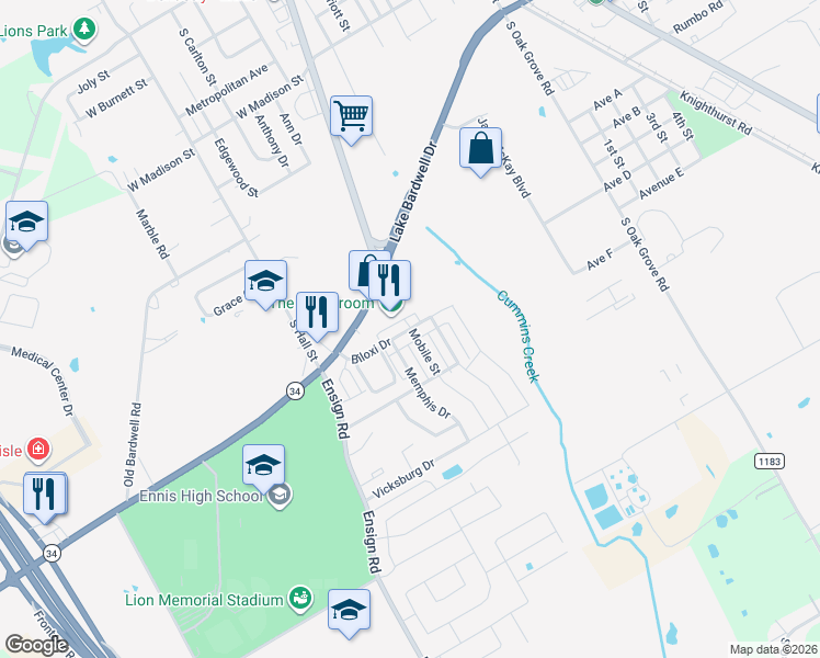 map of restaurants, bars, coffee shops, grocery stores, and more near 704 Biloxi Drive in Ennis