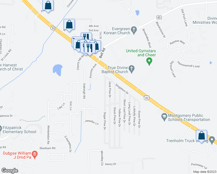 map of restaurants, bars, coffee shops, grocery stores, and more near 5036 Jack Pine Drive in Montgomery