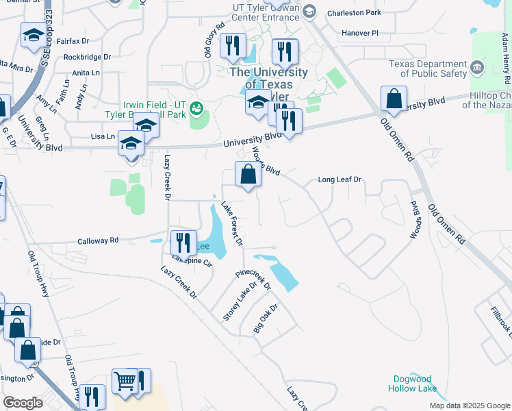 map of restaurants, bars, coffee shops, grocery stores, and more near 3617 Rock Creek Drive in Tyler