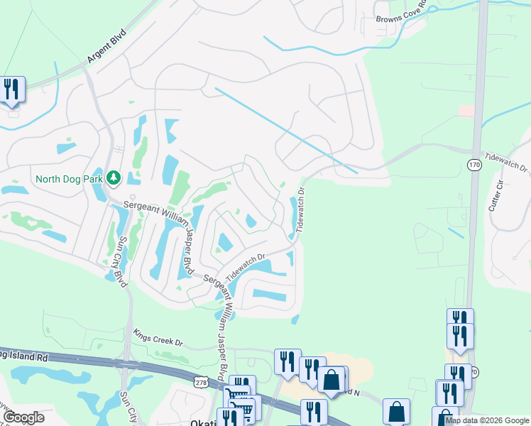 map of restaurants, bars, coffee shops, grocery stores, and more near 316 Havenview Lane in Bluffton