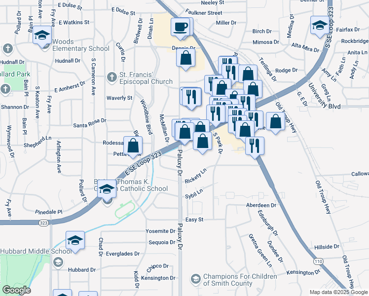 map of restaurants, bars, coffee shops, grocery stores, and more near 1801 Texas 323 Loop in Tyler