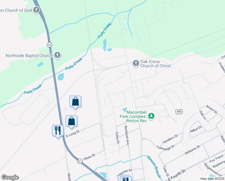 map of restaurants, bars, coffee shops, grocery stores, and more near 204 Four Oaks Ct in Rincon