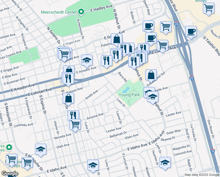 map of restaurants, bars, coffee shops, grocery stores, and more near 725 Lees Drive in Las Cruces