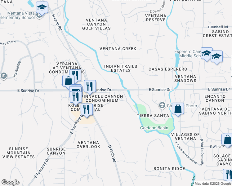 map of restaurants, bars, coffee shops, grocery stores, and more near 5548 North Crystal Mist Place in Tucson