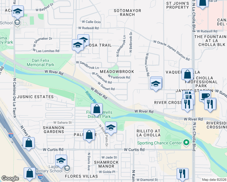 map of restaurants, bars, coffee shops, grocery stores, and more near 2664 West Lazybrook Drive in Tucson
