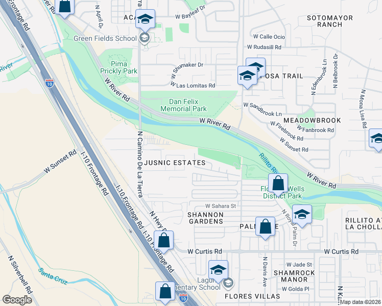 map of restaurants, bars, coffee shops, grocery stores, and more near 3191 West Jusnic Circle in Tucson