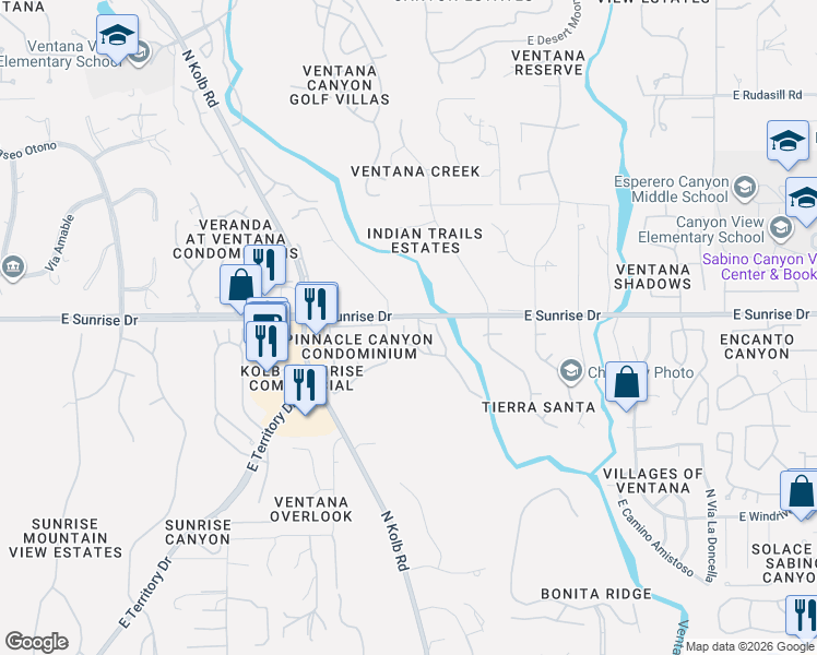 map of restaurants, bars, coffee shops, grocery stores, and more near 5572 North Crystal Mist Place in Tucson